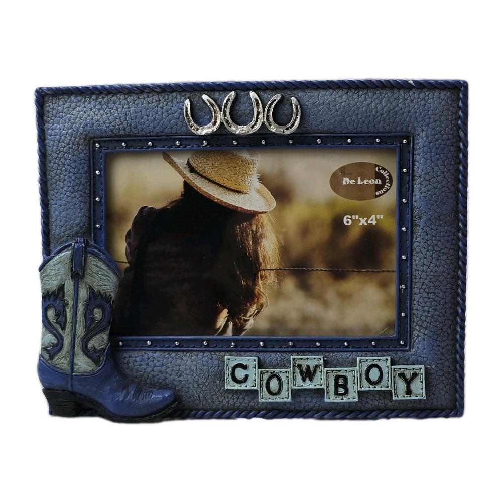 Western Cowboy Boot Horse Shoe 3D Photo Frame Faux Wood 4 x 6 Rodeo Home De Leon